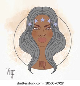 Illustration of Virgo astrological sign as a beautiful African American girl. Zodiac vector illustration isolated on white. Future telling, horoscope, alchemy, spirituality, fashion black woman.