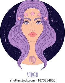 Illustration of Virgo astrological sign as a beautiful girl. Zodiac vector illustration isolated on white. Future telling, horoscope, alchemy, spirituality, occultism, fashion woman.