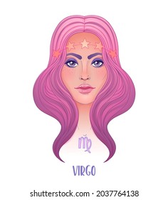 Illustration of Virgo astrological sign as a beautiful girl. Zodiac vector illustration isolated on white. Future telling, horoscope, alchemy, spirituality, occultism, fashion woman.