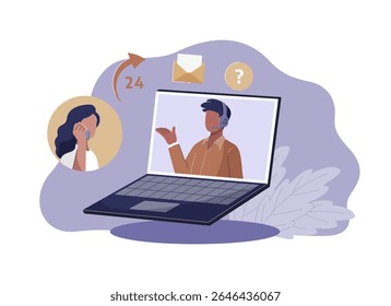 Illustration of a virtual customer service call displayed on a laptop screen. Customer service vector illustration