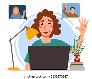 Illustration of a virtual meeting with different people who say hello. The concept of an online meeting with young men and women. Freelancers greet each other. Vector illustration in a flat style