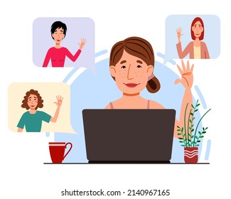 Illustration of a virtual meeting with different people who say hello. The concept of an online meeting with young men and women. Freelancers greet each other. Vector illustration in a flat style