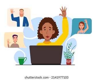 Illustration of a virtual meeting with different people who say hello. The concept of an online meeting with young men and women. Freelancers greet each other. Vector illustration in a flat style