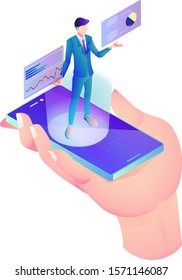 Illustration of a virtual realistic businessman floating on a mobile phone with a human hand. Online webinars, online meetings, online classes.