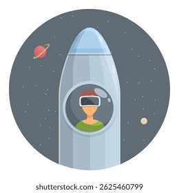 Illustration of virtual reality experience and space traveling featuring a young man wearing vr headset exploring space from a rocket window