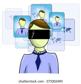 Illustration of virtual reality person with virtual friends