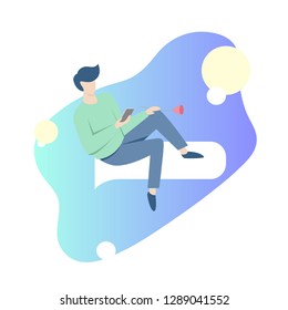 Illustration of virtual relationship concept. Online dating and messaging app. Man texting on the Internet. Online commutication. Mobile dating service.