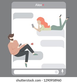 Illustration of virtual relationship concept. Online dating and messaging app. Man chatting with woman on the Internet. Online commutication. Mobile dating service on a laptop. 