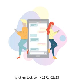 Illustration of virtual relationship concept. Online dating and messaging app. Couple chatting with woman on the Internet. Online commutication. Mobile dating service. 
