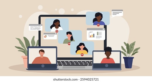 Illustration of a Virtual Team Meeting with Diverse Colleagues in an Online Video Conference Call on Laptops and Screens