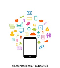 Illustration virtual world with smart phone, set infographic element - vector