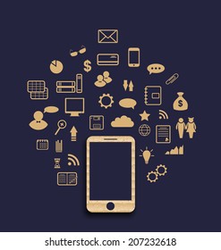 Illustration virtual world with smartphone, set infographic element - vector