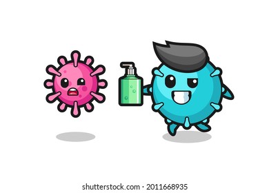 Illustration des Virus, der das Böse mit dem Handsanitisierer jagt, süßes Design für T-Shirt, Aufkleber, Logo-Element