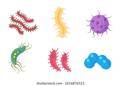 Illustration of virus infection with bacteria sick human cell bacterium disease science health medicine biology microscopic object bundle group collection set laboratory education

