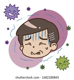 Illustration of a virus with a middle-aged man feeling cold