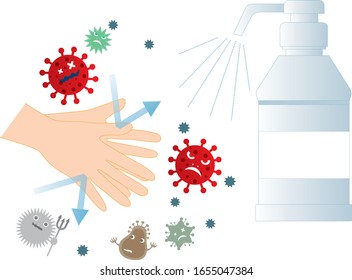 Ilustración de la prevención del virus para erradicar las manos con spray desinfectante