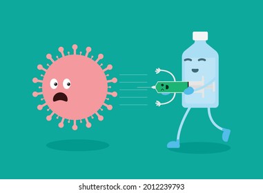 Ilustración de un virus corriendo asustado de una vacuna. coronavirus tiene miedo de ser perseguido por una botella de vacuna linda y una jeringa linda. vacuna de coronavirus. graciosa ilustración de caricatura. vector de diseño plano.