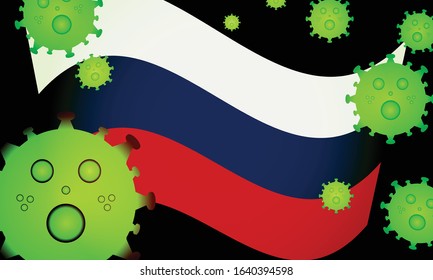ILLUSTRATION VIRUS WITH Russian FLAG, CORONA VIRUS, Flu coronavirus floating, micro view, pandemic virus infection, asian flu.