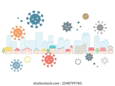 Illustration of a virus spreading in cities and residential areas
