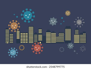 Illustration of a virus spreading in a city at night