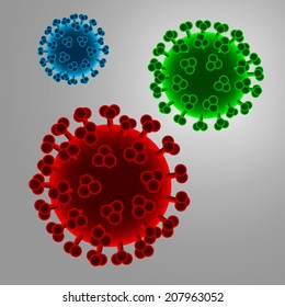 Illustration of a virus in three different colors - red, green and blue
