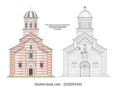 Illustration des Klosters Visoki Decani in Serbien. Einzigartige serbisch-orthodoxe christliche Kirche, die in einer Mischung aus romanischem, gotischem und byzantinischem Stil errichtet wurde.