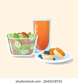 An illustration of a visual scene featuring a freshly prepared salad in a glass bowl, a glass of orange juice, and syrniki topped with blueberries on a round ceramic plate.