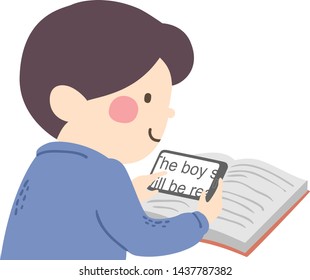 Illustration of a Visually Impaired Kid Boy Using a Magnifier Mobile Phone App to Read a Book