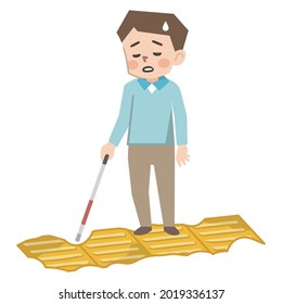 Illustration Of A Visually Impaired Man With A White Cane Walking On A Degraded Braille Block