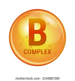 Illustration of vitamin B complex capsule. Vector icon for health and prevention. Gold orange shining pill isolated on a white background. Dietary supplement. - Shutterstock ID 2143887285