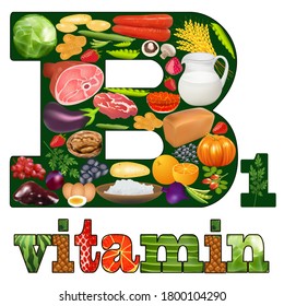 Illustration of vitamin B one in plant and animal products located in the letter