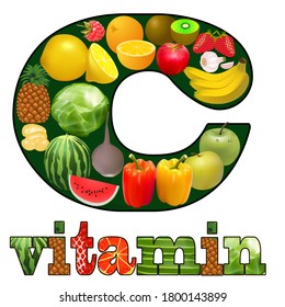 Illustration of vitamin C in plant and animal products located in the letter