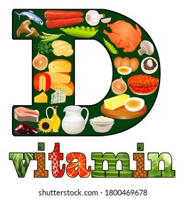 Ilustración de la vitamina D en productos vegetales y animales que figuran en la letra