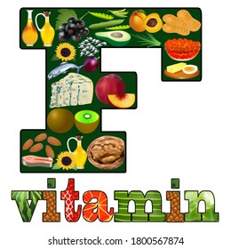 Illustration of vitamin F one in plant and animal products located in the letter