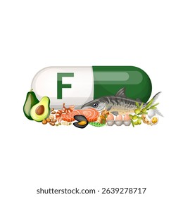 Illustration of vitamin F in products. Drawn by hand in a realistic style. Isolate on white background.