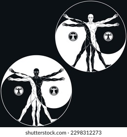 Illustration of Vitruvian man, Study of the anatomy of the human body, Canon of human proportions with yinyang symbol