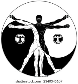 Ilustración del hombre vitruviano, estudio de la anatomía del cuerpo humano, Canon de proporciones humanas con símbolo yinyang