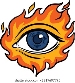 Illustration of a vivid blue eye engulfed in bright orange and yellow flames representing passion and vision