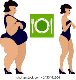 Illustration of vivid design of proper nutrition.A fat woman eating right will turn into a slim one. Print.Vector graphics.