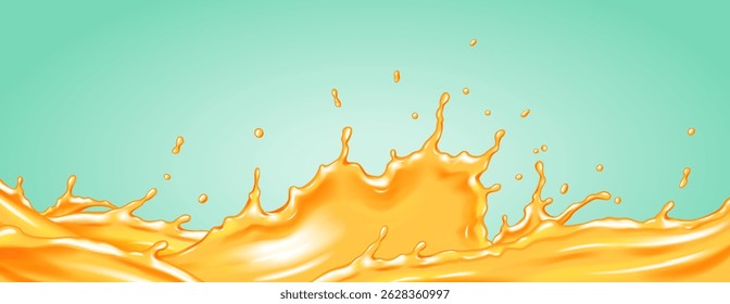 Illustration of vivid orange liquid splashing dynamically against a cool teal background. The energetic flow creates a sense of movement and freshness, ideal for advertising and design.