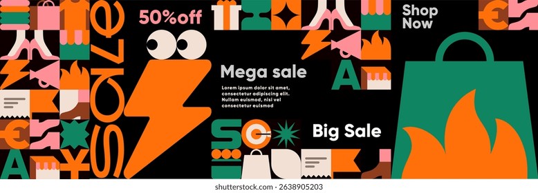 Illustration of a vivid sale banner with lightning mascot, shopping icons, and bold geometric typography on a black background for mega sales.