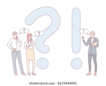 Ilustração que retrata vividamente os temas da incerteza e compreensão no diálogo entre indivíduos