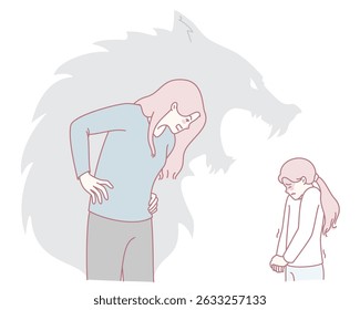 Ilustração que representa vividamente o conflito interno de emoções vivido entre um adulto e uma criança