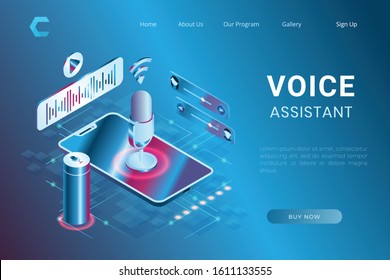 illustration of voice assistant and voice recognition, command control system in isometric 3d style