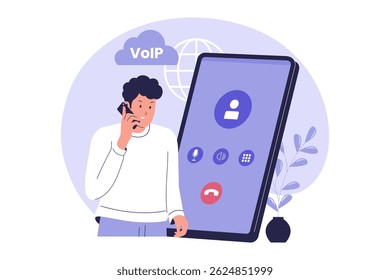 Illustration of Voice over Internet Protocol Communication via Smartphone. Illustrations for websites, landing pages, mobile apps, posters and banners