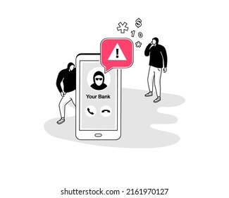 Ilustración de un símbolo de phishing de voz con un smartphone y una llamada bancaria falsa. Fácil de usar para su sitio web o presentación.