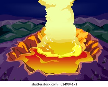 Illustration of a Volcanic Crater Filled with Red Hot Magma