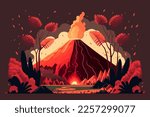 illustration of Volcanic eruption in flat vector cartoon style. Landscape with volcano.