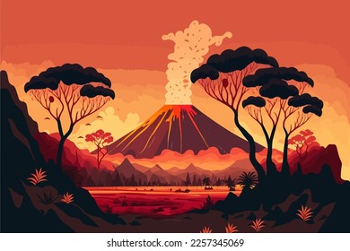 ilustración de la erupción volcánica al estilo de dibujos animados de vectores planos. Paisaje con volcán.