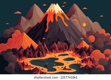 illustration of Volcanic eruption in flat vector cartoon style. Landscape with volcano.